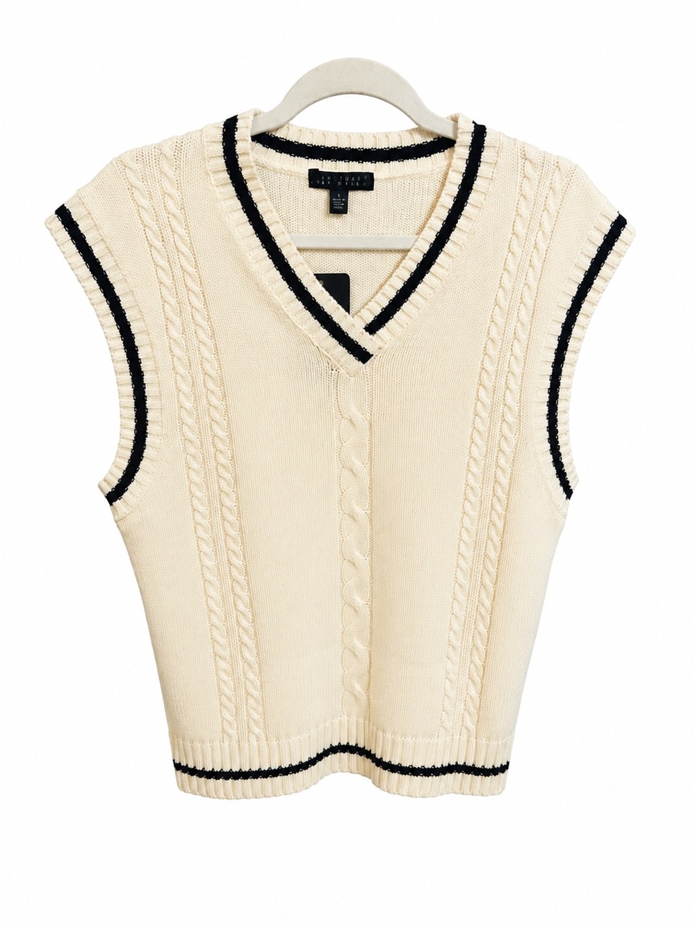 Say What? Cream V-Neck Cable Knit Sweater Vest with Black Trim🩵NWT